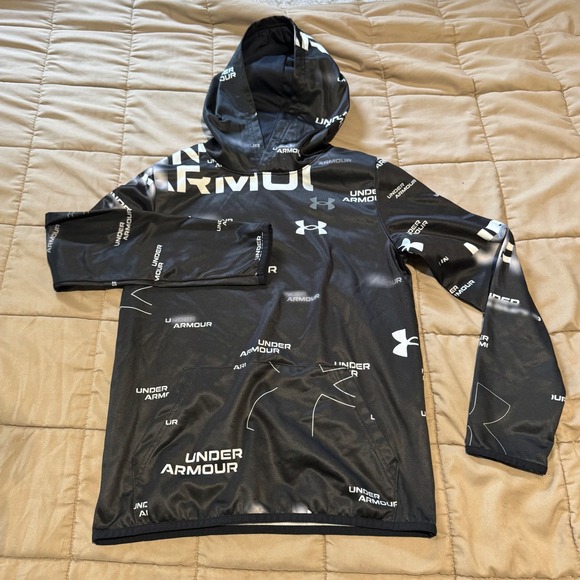 Under Armour Kids Hoodie YMD Youth Medium Black Logo All Over Print - Picture 1 of 6